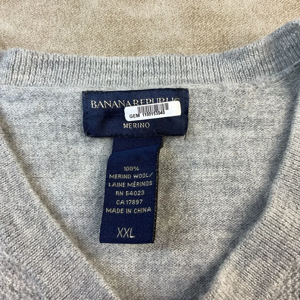 Banana Republic Sweater Men Sz 2XL 100% Merino Wool Argyle Detail Pullover Grey